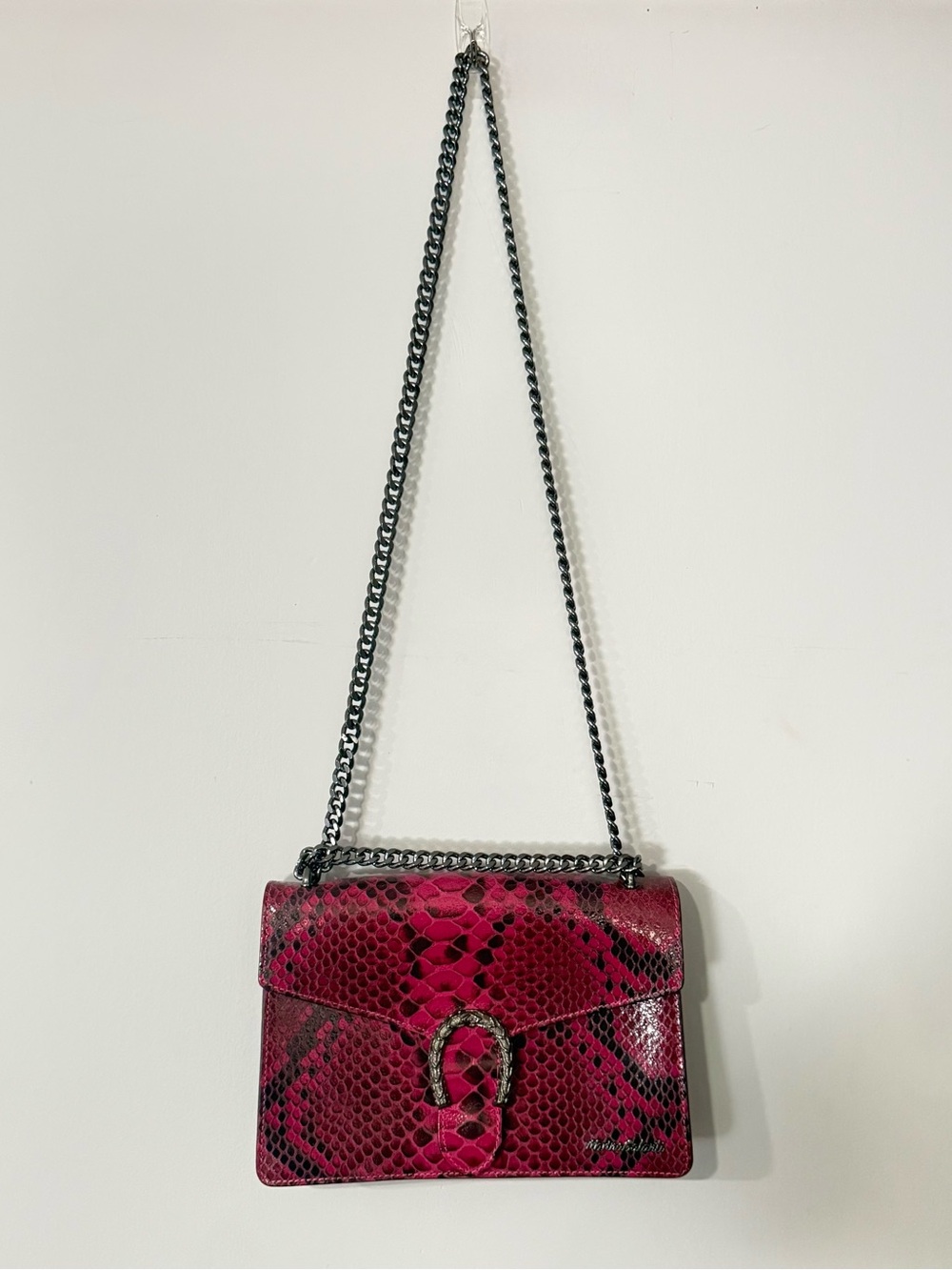 Marina Galanti Vera Pelle Fuchsia Snakeskin Print Leather Shoulder Bag NWT